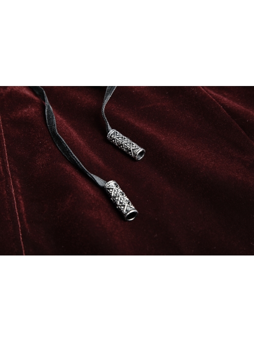 Front Classical Buttons Embroidery Cuff Back Waist Lace-Up Swallowtail Hem Wine Red Gothic Flannel Coat