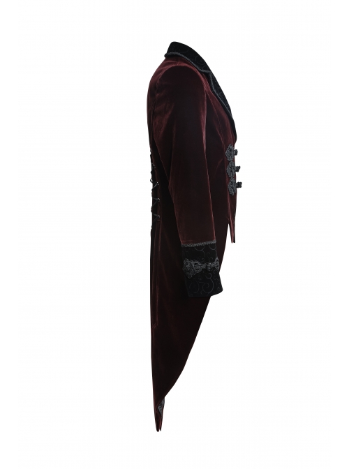 Front Classical Buttons Embroidery Cuff Back Waist Lace-Up Swallowtail Hem Wine Red Gothic Flannel Coat