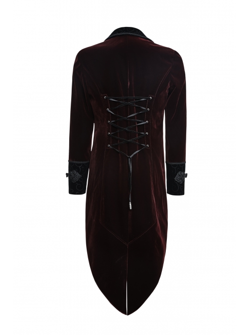 Front Classical Buttons Embroidery Cuff Back Waist Lace-Up Swallowtail Hem Wine Red Gothic Flannel Coat