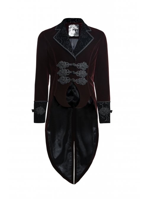 Front Classical Buttons Embroidery Cuff Back Waist Lace-Up Swallowtail Hem Wine Red Gothic Flannel Coat