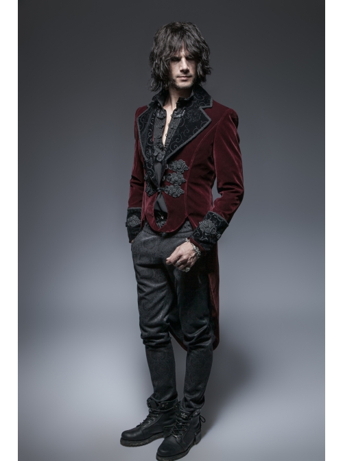 Front Classical Buttons Embroidery Cuff Back Waist Lace-Up Swallowtail Hem Wine Red Gothic Flannel Coat