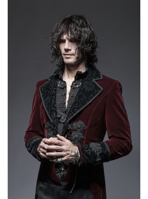 Front Classical Buttons Embroidery Cuff Back Waist Lace-Up Swallowtail Hem Wine Red Gothic Flannel Coat