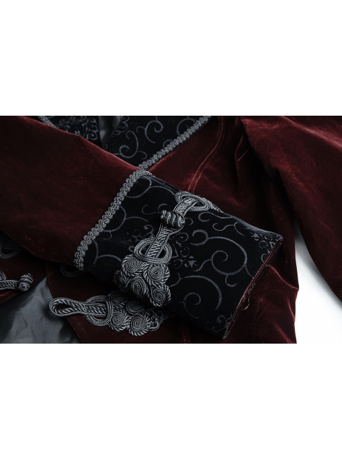Front Classical Buttons Embroidery Cuff Back Waist Lace-Up Swallowtail Hem Wine Red Gothic Flannel Coat