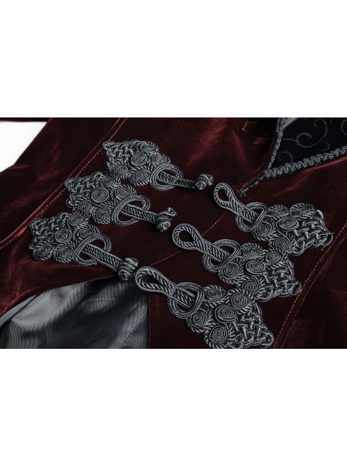 Front Classical Buttons Embroidery Cuff Back Waist Lace-Up Swallowtail Hem Wine Red Gothic Flannel Coat