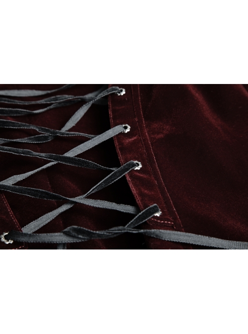 Front Classical Buttons Embroidery Cuff Back Waist Lace-Up Swallowtail Hem Wine Red Gothic Flannel Coat