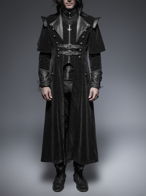 Leather Stand-Up Collar Front Metal Nail Metal Buckle Decoration Lace-Up Cuff Black Gothic Twill Long Coat