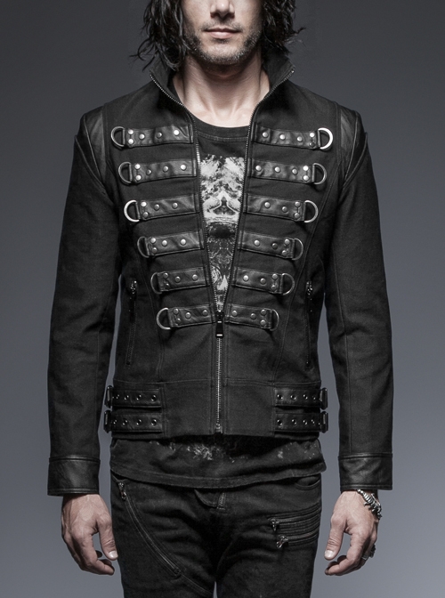 Stand-Up Collar Front Chest Leather Strap Back Lace-Up Black Punk Rough-Textured Leather Coat