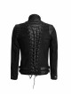 Stand-Up Collar Front Chest Leather Strap Back Lace-Up Black Punk Rough-Textured Leather Coat