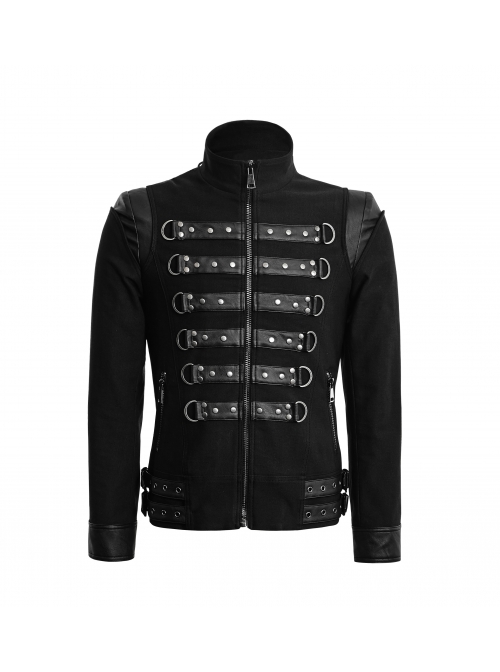 Stand-Up Collar Front Chest Leather Strap Back Lace-Up Black Punk Rough-Textured Leather Coat