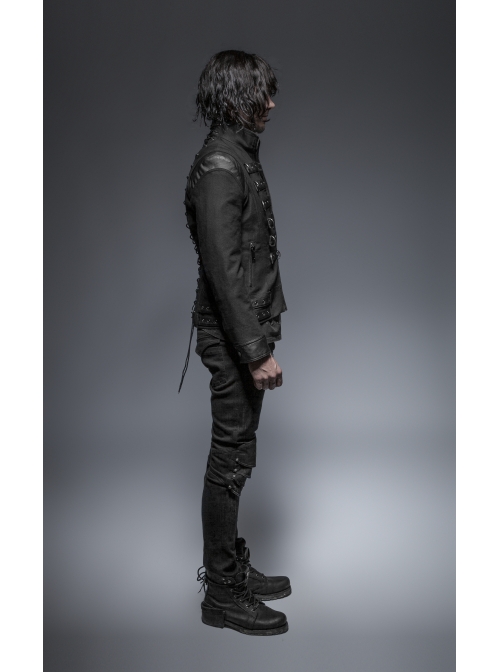 Stand-Up Collar Front Chest Leather Strap Back Lace-Up Black Punk Rough-Textured Leather Coat