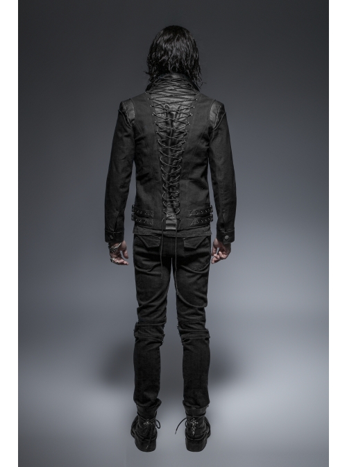 Stand-Up Collar Front Chest Leather Strap Back Lace-Up Black Punk Rough-Textured Leather Coat