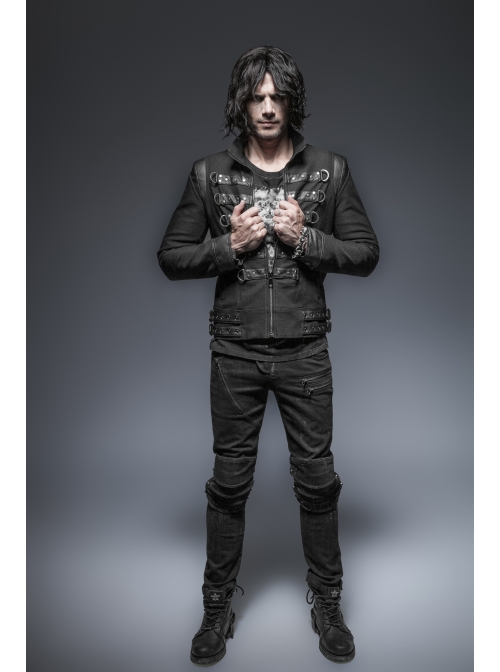 Stand-Up Collar Front Chest Leather Strap Back Lace-Up Black Punk Rough-Textured Leather Coat