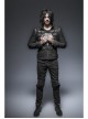 Stand-Up Collar Front Chest Leather Strap Back Lace-Up Black Punk Rough-Textured Leather Coat