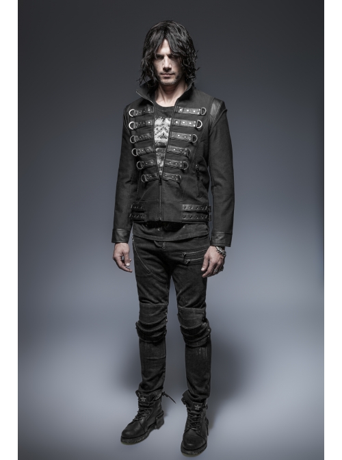 Stand-Up Collar Front Chest Leather Strap Back Lace-Up Black Punk Rough-Textured Leather Coat