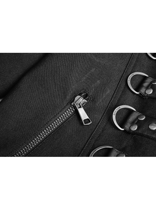 Stand-Up Collar Front Chest Leather Strap Back Lace-Up Black Punk Rough-Textured Leather Coat