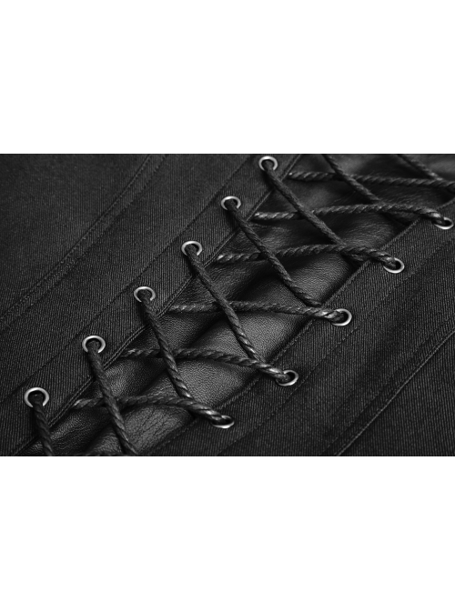 Stand-Up Collar Front Chest Leather Strap Back Lace-Up Black Punk Rough-Textured Leather Coat