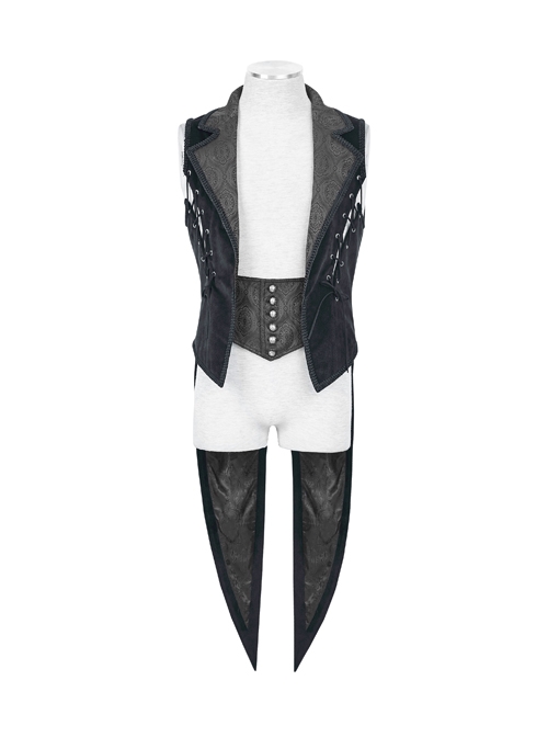 Fake Two-Piece Back Lace-Up Braid Strap Swallowtail Hem Black Gothic Flannel Coat