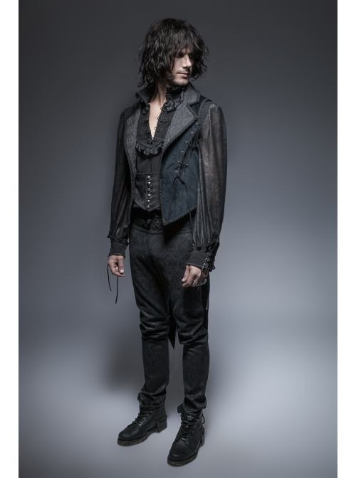 Fake Two-Piece Back Lace-Up Braid Strap Swallowtail Hem Black Gothic Flannel Coat