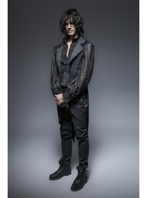 Fake Two-Piece Back Lace-Up Braid Strap Swallowtail Hem Black Gothic Flannel Coat