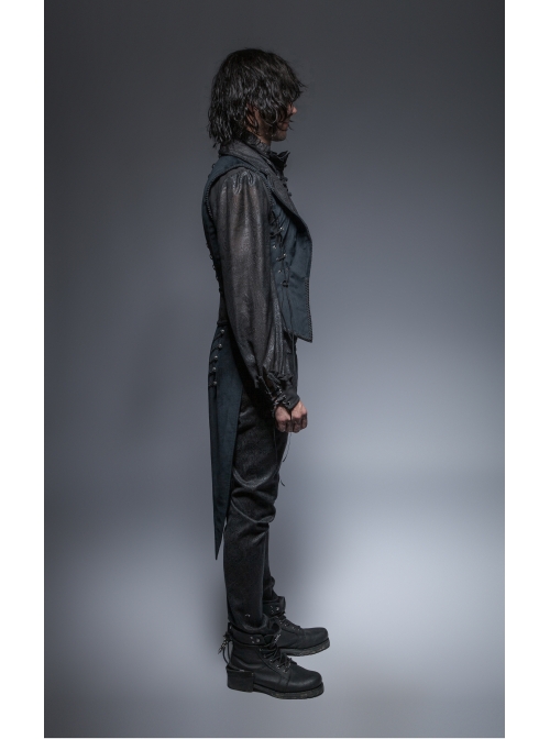 Fake Two-Piece Back Lace-Up Braid Strap Swallowtail Hem Black Gothic Flannel Coat