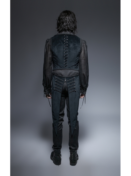 Fake Two-Piece Back Lace-Up Braid Strap Swallowtail Hem Black Gothic Flannel Coat