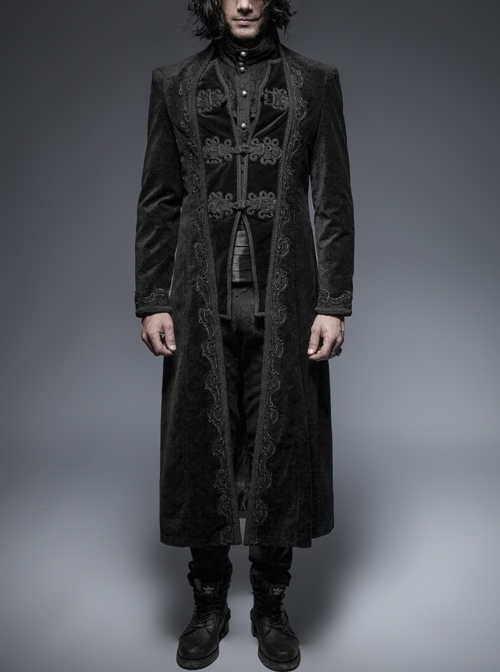 Fake Two-Piece Stand-Up Collar Front Buckle Long Sleeve Black Gothic Paisley Pattern Jacquard Long Coat