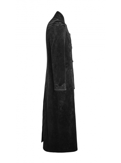 Fake Two-Piece Stand-Up Collar Front Buckle Long Sleeve Black Gothic Paisley Pattern Jacquard Long Coat