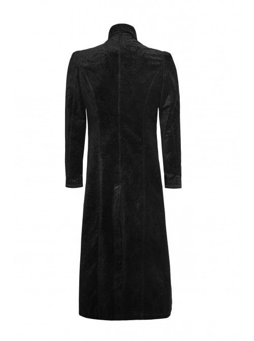 Fake Two-Piece Stand-Up Collar Front Buckle Long Sleeve Black Gothic Paisley Pattern Jacquard Long Coat