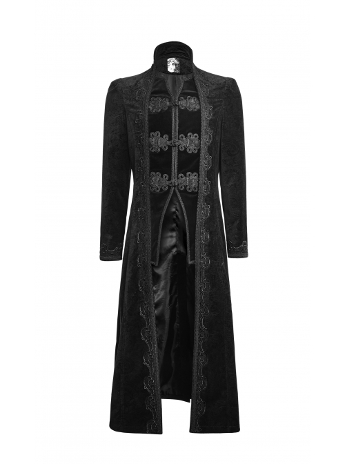 Fake Two-Piece Stand-Up Collar Front Buckle Long Sleeve Black Gothic Paisley Pattern Jacquard Long Coat
