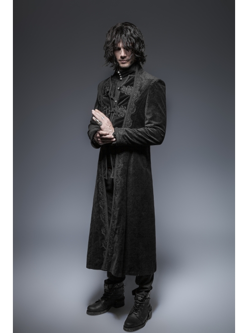Fake Two-Piece Stand-Up Collar Front Buckle Long Sleeve Black Gothic Paisley Pattern Jacquard Long Coat
