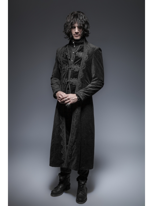 Fake Two-Piece Stand-Up Collar Front Buckle Long Sleeve Black Gothic Paisley Pattern Jacquard Long Coat