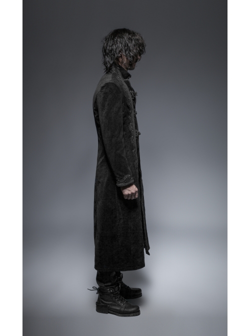 Fake Two-Piece Stand-Up Collar Front Buckle Long Sleeve Black Gothic Paisley Pattern Jacquard Long Coat