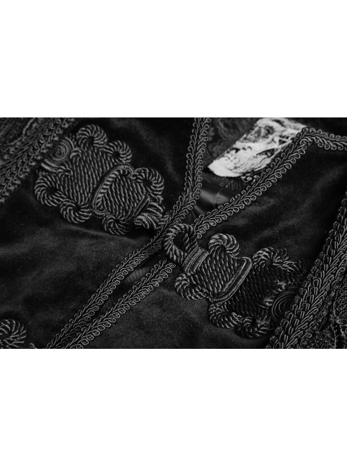 Fake Two-Piece Stand-Up Collar Front Buckle Long Sleeve Black Gothic Paisley Pattern Jacquard Long Coat