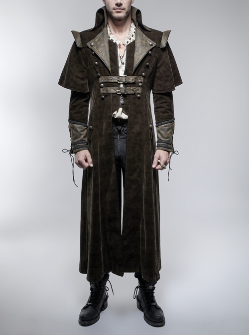 Stand-Up Collar Front Chest Metal Nail Leather Hasp Decoration Lace-Up Cuff Brown Punk Denim Coat