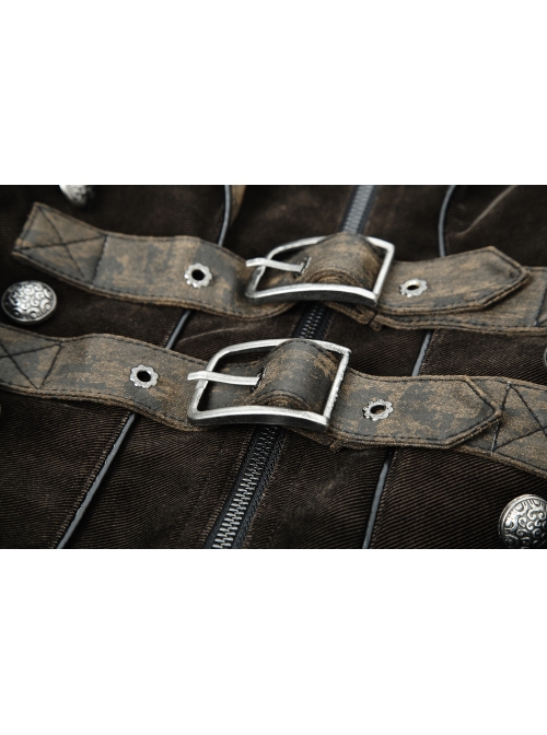 Stand-Up Collar Front Chest Metal Nail Leather Hasp Decoration Lace-Up Cuff Brown Punk Denim Coat