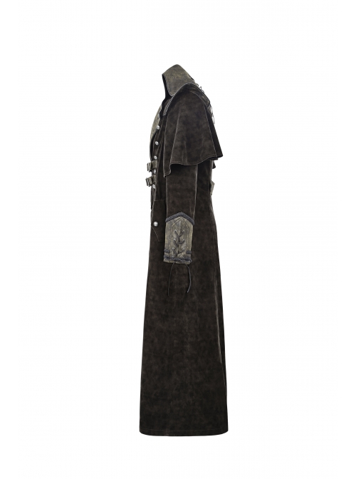 Stand-Up Collar Front Chest Metal Nail Leather Hasp Decoration Lace-Up Cuff Brown Punk Denim Coat