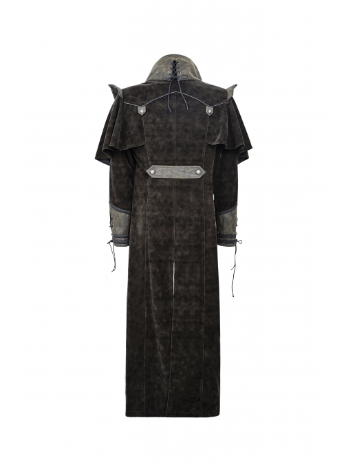 Stand-Up Collar Front Chest Metal Nail Leather Hasp Decoration Lace-Up Cuff Brown Punk Denim Coat