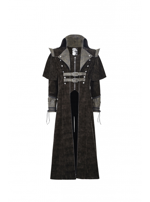 Stand-Up Collar Front Chest Metal Nail Leather Hasp Decoration Lace-Up Cuff Brown Punk Denim Coat