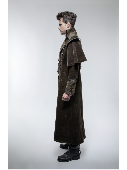 Stand-Up Collar Front Chest Metal Nail Leather Hasp Decoration Lace-Up Cuff Brown Punk Denim Coat