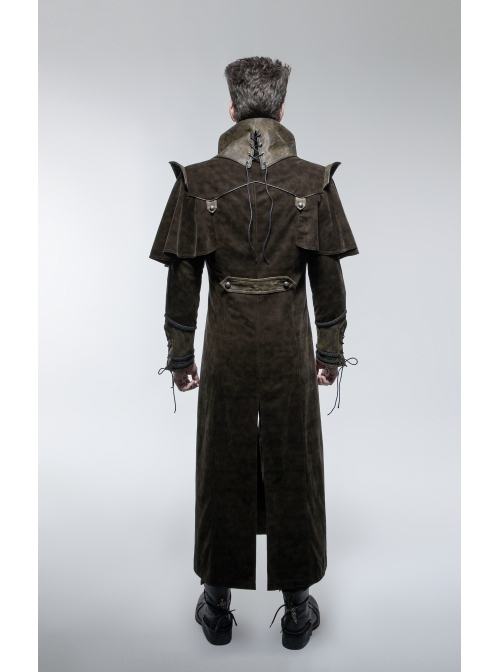 Stand-Up Collar Front Chest Metal Nail Leather Hasp Decoration Lace-Up Cuff Brown Punk Denim Coat