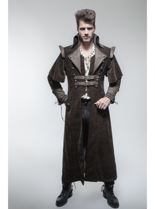 Stand-Up Collar Front Chest Metal Nail Leather Hasp Decoration Lace-Up Cuff Brown Punk Denim Coat