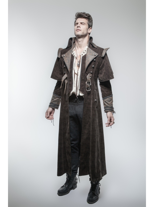Stand-Up Collar Front Chest Metal Nail Leather Hasp Decoration Lace-Up Cuff Brown Punk Denim Coat