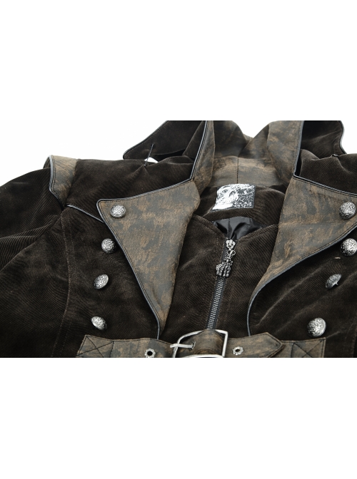 Stand-Up Collar Front Chest Metal Nail Leather Hasp Decoration Lace-Up Cuff Brown Punk Denim Coat