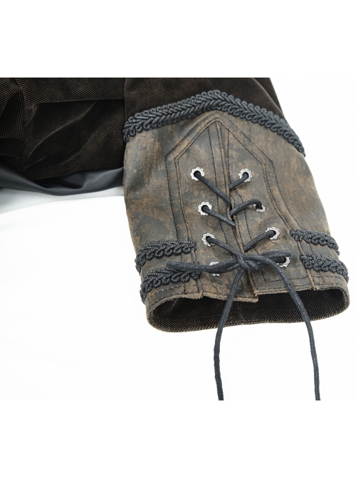 Stand-Up Collar Front Chest Metal Nail Leather Hasp Decoration Lace-Up Cuff Brown Punk Denim Coat