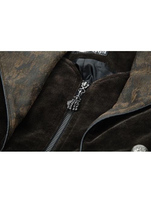 Stand-Up Collar Front Chest Metal Nail Leather Hasp Decoration Lace-Up Cuff Brown Punk Denim Coat
