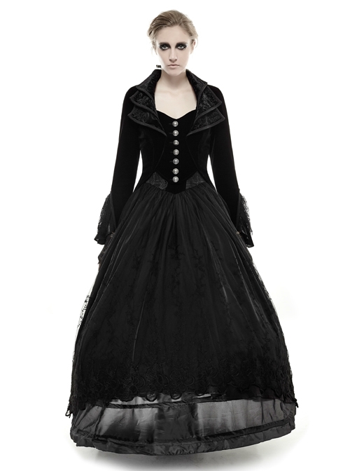 Cascade Collar Front Metal Retro Button Lace Cuff Embroidery Back Black Gothic Velvet Long Coat