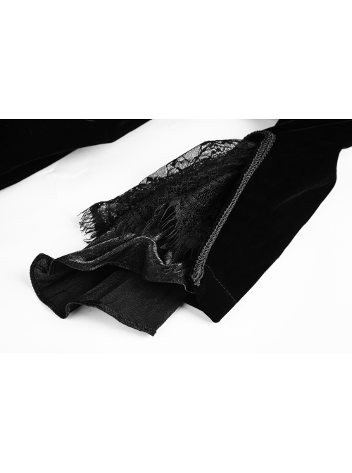 Cascade Collar Front Metal Retro Button Lace Cuff Embroidery Back Black Gothic Velvet Long Coat