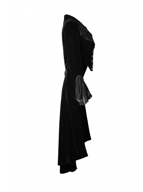 Cascade Collar Front Metal Retro Button Lace Cuff Embroidery Back Black Gothic Velvet Long Coat