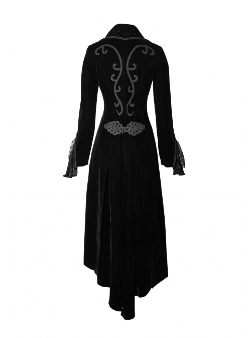 Cascade Collar Front Metal Retro Button Lace Cuff Embroidery Back Black Gothic Velvet Long Coat