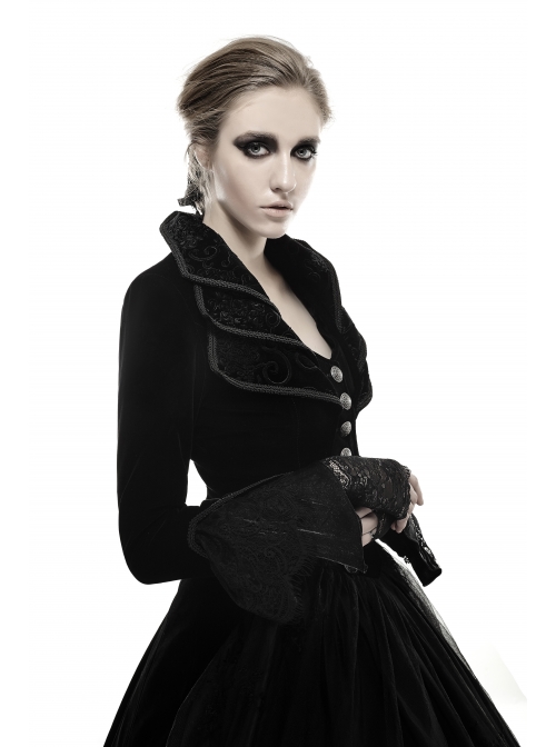 Cascade Collar Front Metal Retro Button Lace Cuff Embroidery Back Black Gothic Velvet Long Coat